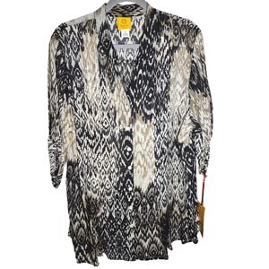 Ruby Rd Woman 1X Button Up Shirt Tunic Roll Tab Sleeve Black‎ Tan New